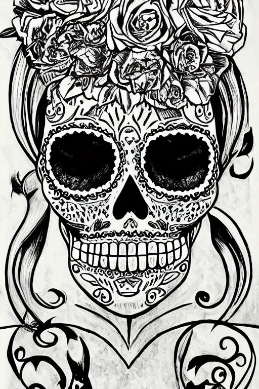 Prompt: Illustration of a sugar skull day of the dead girl, art by robert williams