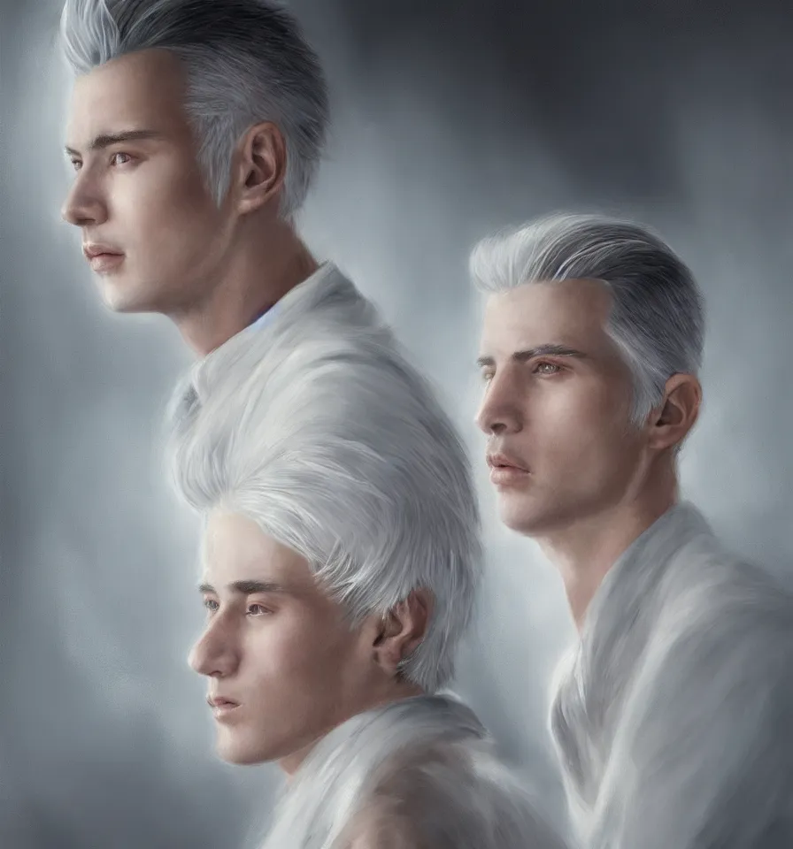 Image similar to a portrait of a young handsome prince with white hair, elegant, beautiful, backlit, incredible lighting, strong rim light, highly detailed, god rays, digital painting, HDRI, by Heise Jinyao, Heise-Lian Yan Fang, Feimo, Richard Taddei, vivid colors, high contrast, 8k resolution, intricate, photorealistic, smooth