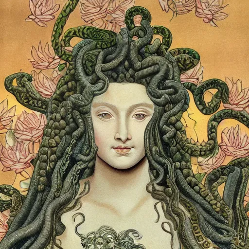 Image similar to detailed, portrait of medusa, surrounded by lotus flowers and snakes