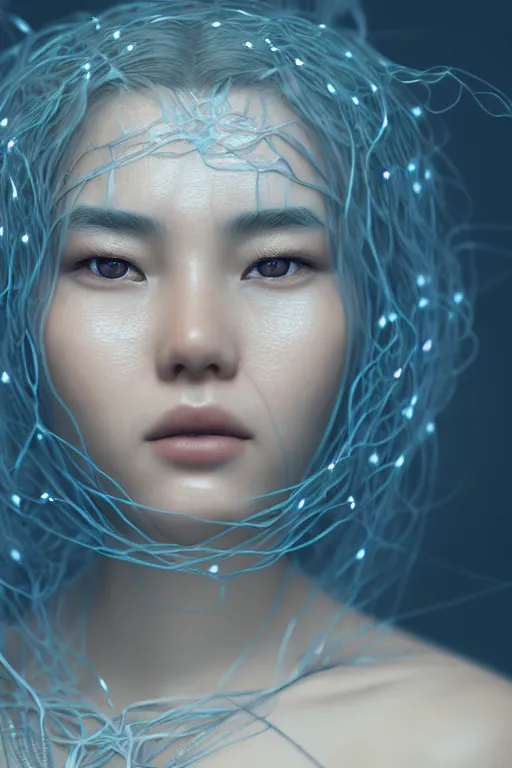 Image similar to intricate highly detailed face portrait of asian - european woman, light blue water vines on her face, intricate, cgsociety, unreal engine, octane render, sharp focus, smooth, volumetric lighting, cinematic composition, artstation