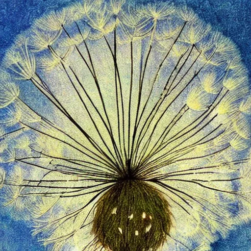 Image similar to a beautiful fairytale painting of a dandelion seed that is also a fluffy fairy. the dandelion seed is the body of the fairy. beautiful clear painting by arthur rackham