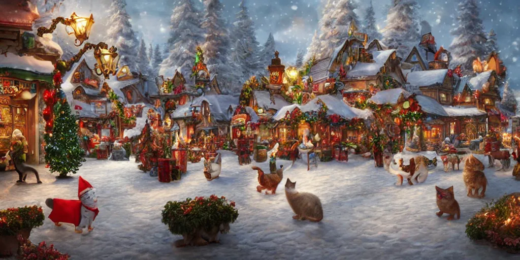 Image similar to cat christmas fantasy village street view by artgerm and Craig Mullins, James Jean, Andrey Ryabovichev, Mark Simonetti and Peter Morbacher 16k