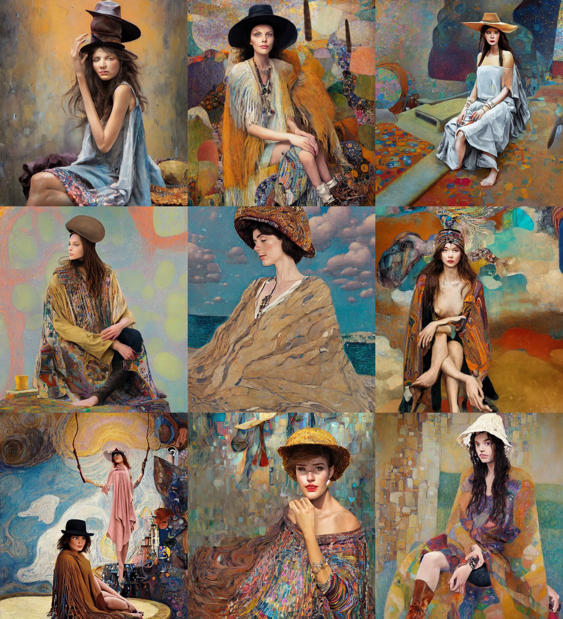 Prompt: portrait of fashionable young woman wearing rich jewerly hat and boho poncho into concrete hitech interior, sitting dynamic pose, relax, thunder clouds in the sky, artwork by Theodore Ralli and rhads and Denis Sarazhin and klimt and Dean Ellis and Detmold Charles Maurice, levitation, industrial rusty pipes, simple form, brutal shapes