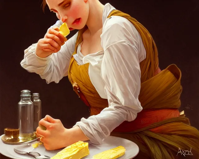 Prompt: photography of goofy eating butter, deep focus, intricate, elegant, highly detailed, digital painting, artstation, concept art, matte, sharp focus, illustration, art by artgerm and greg rutkowski and alphonse mucha