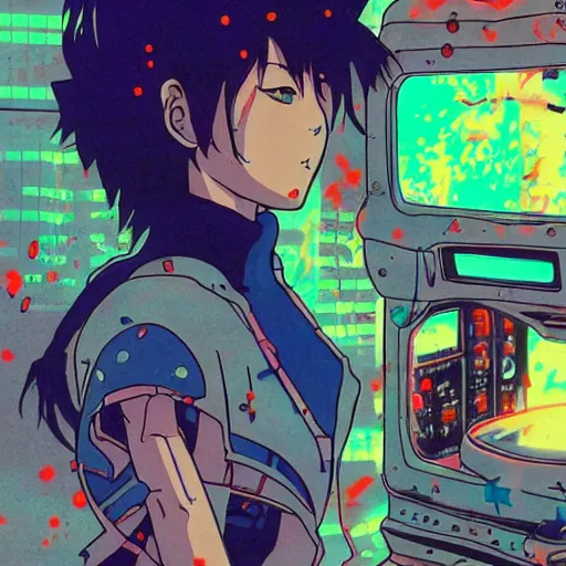 Image similar to anime of a punk cyborg woman breaking a crt tv, water particles floating in the air, finely detailed facial features, weathered drawing, film grain, bright neon lighting, dark pastel colors, drawn by satoshi kon, katsuhiro otomo