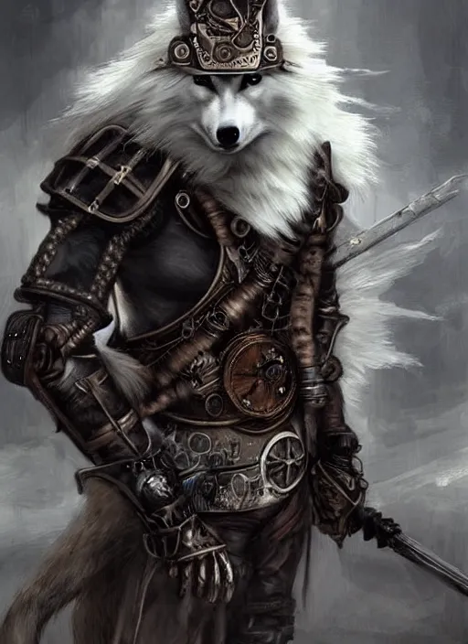 Prompt: steampunk white wolf with claymore, fantasy, art station, dramatic, concept art, portrait