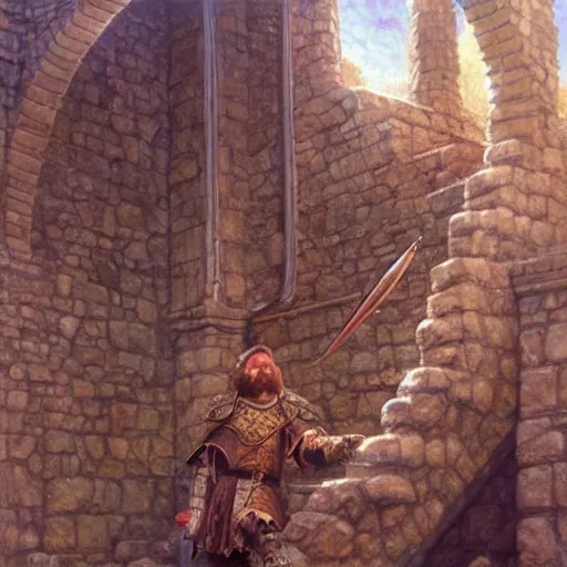 Image similar to The dwarven warrior cleric is standing on the stone spiral staircase and is confused, art by Donato Giancola and James Gurney, digital art, trending on artstation