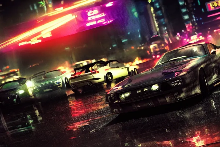 prompthunt: tokyo drift fast and furious film still, racing on wet city  street at night, hyper detailed, forza, smooth, need for speed, high  contrast, volumetric lighting, synthwave, octane, george miller, jim lee