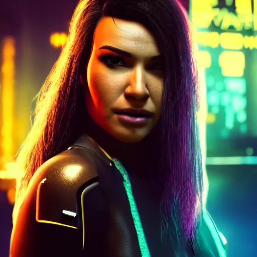 Image similar to naya rivera portrait, cyberpunk 2 0 7 7, cyberpunk judy alvarez, photorealistic, ultra detailed, neon, octane, bokeh, cinematic lighting, cyber, cyberpunk city, studio quality, feature, scars, cyberface, 8 k