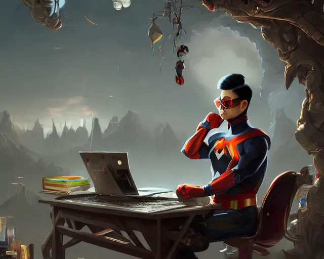 Image similar to an insanely detailed painting of a nerdy asian man wearing a superhero costume, sitting at a desk, staring at the nervously at the computer and typing, in the style of peter mohrbacher, dramatic lighting and composition, octane render, pixar, trending on artstation, concept art, comic book, view from behind