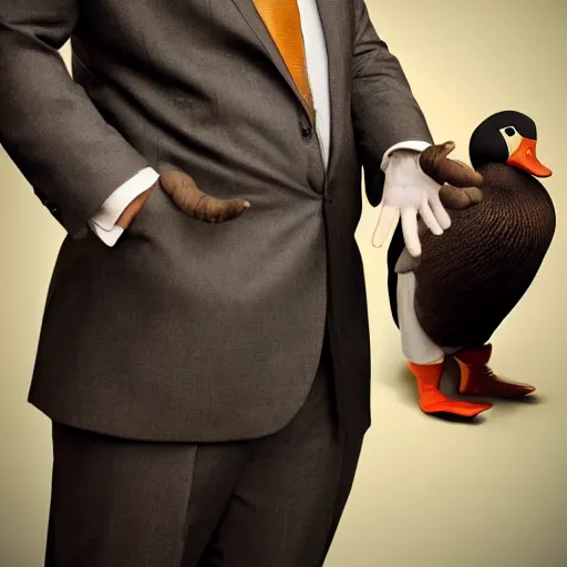 Image similar to a high detail photo of a man with a duck's head wearing a suit, photorealism