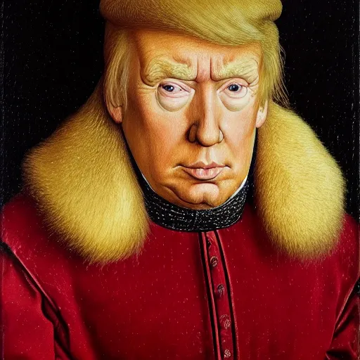 Image similar to portrait of donald trump, oil painting by jan van eyck, northern renaissance art, oil on canvas, wet - on - wet technique, realistic, expressive emotions, intricate textures, illusionistic detail