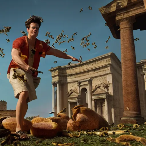 Image similar to hyperrealistic dslr film still of ace ventura pet detective in ancient rome, bees,, stunning 8 k octane comprehensive 3 d render, inspired by istvan sandorfi & greg rutkowski & unreal engine, perfect symmetry, dim volumetric cinematic lighting, extremely hyper - detailed, extremely lifelike attributes & lifelike texture, intricate, masterpiece, artstation, stunning