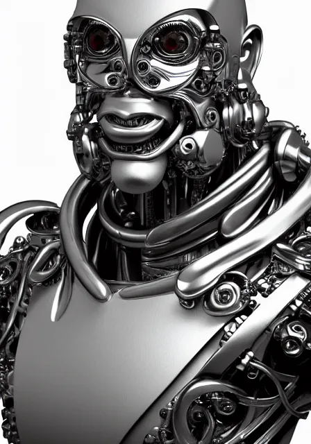 Prompt: potrait hyper detail portrait of a mechanical ape cyborg, silver, sci fi, full body, complex 3 d render, art by kazuhiko nakamura and hajime sorayama, 8 k octane detailed render, post - processing, dramatic studio lighting, extremely hyperdetailed, intricate futuristic mechanic parts, sharp focus, blender, masterpiece, trending on artstation