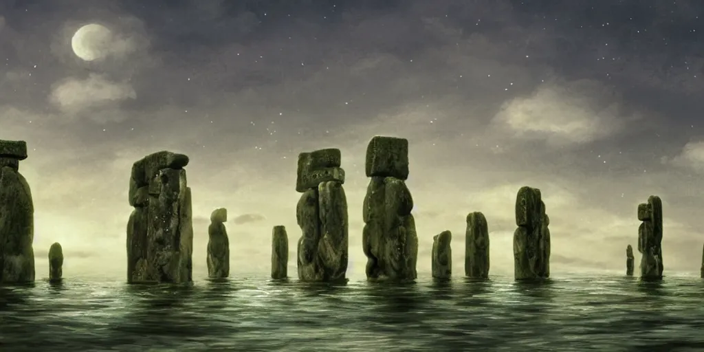 Image similar to a realistic cell - shaded studio ghibli concept art from paprika ( 2 0 0 6 ) of a giant wooly mammoth in a flooded stonehenge easter island on a misty starry night. very dull colors, wide shot, hd, 4 k, hq