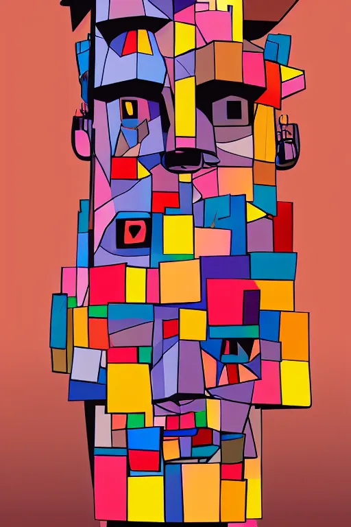 Image similar to cubist moai statue cutout digital illustration cartoon colorful beeple