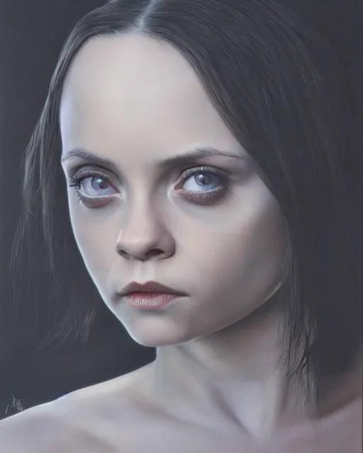 Image similar to Christina Ricci, portrait, close-up, deep focus, dramatic lighting, highly detailed, in the style of Zdzislaw Beksinski