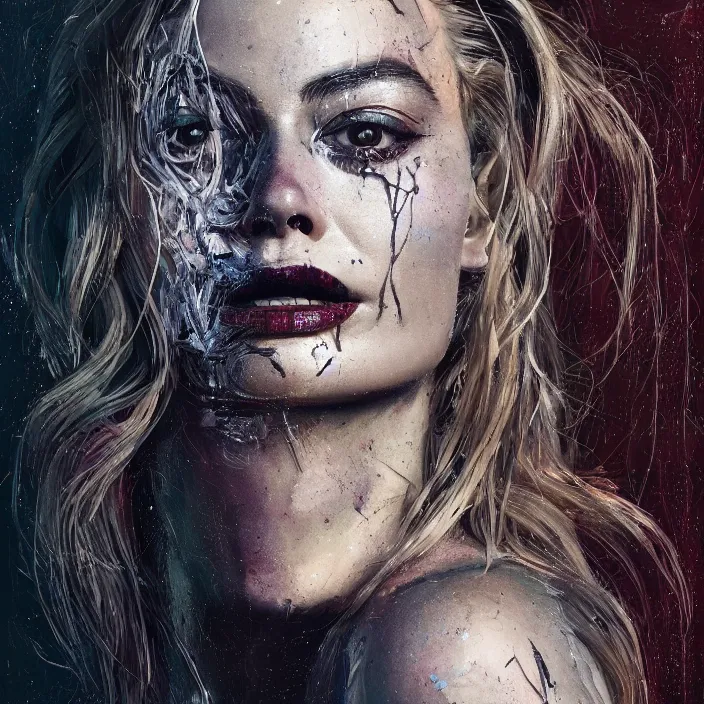 Prompt: portrait of Margot Robbie as a skeleton. intricate abstract. intricate artwork. nightmare fuel. by Tooth Wu, wlop, beeple, dan mumford. octane render, trending on artstation, greg rutkowski very coherent symmetrical artwork. cinematic, hyper realism, high detail, octane render, 8k, iridescent accents