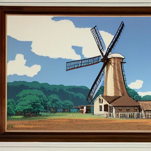 Prompt: a studio Ghibli matte painting of a small mill with a windmill with cream covered sails