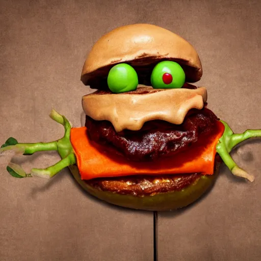 Image similar to a humanoid bipedal upright zombie that strongly resembles a hamburger, professional food photography