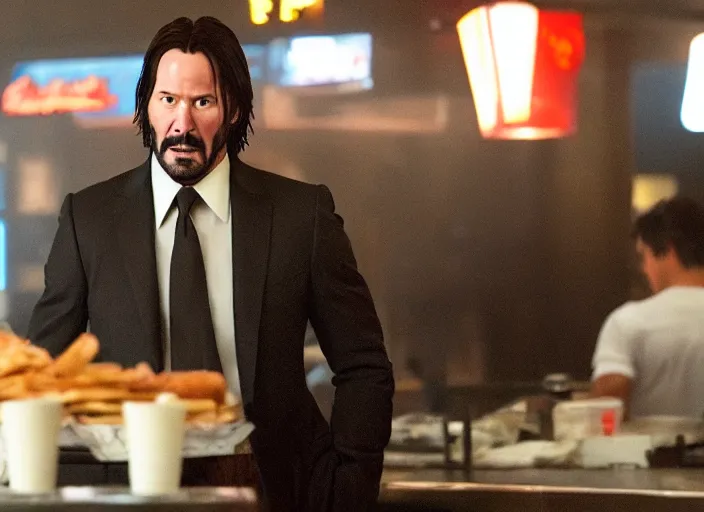 Image similar to film still of john wick played by keanu reeves working in a fast food restaurant in the new john wick movie, 4 k