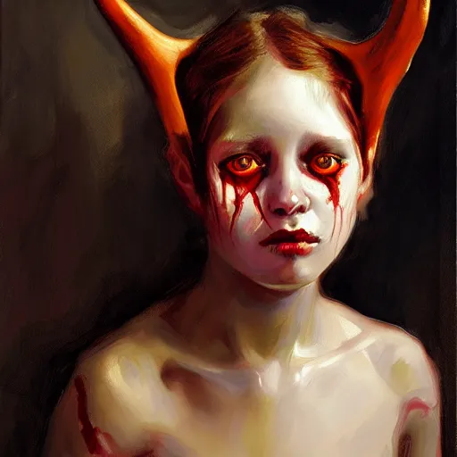 Image similar to painted portrait of a young demon girl with goat horns and red skin. oil painting, fantasy art by greg retkowski and john singer sargent, character design