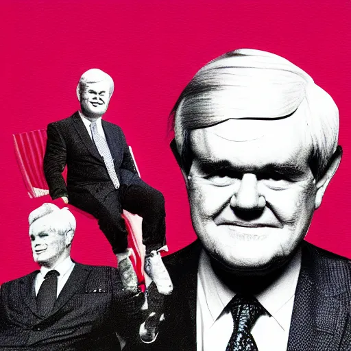 Prompt: newt gingrich in a suit and tie with a creepy face, a screenprint by warhol, reddit contest winner, antipodeans, hellish, anaglyph filter, hellish background