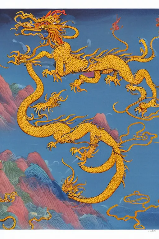 Image similar to chinese zodiac dragon, by james jean, eyvind earle, china gold clocor scheme