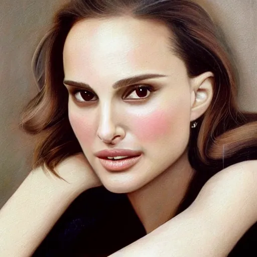 Prompt: A beautiful painting of Natalie Portman with a faint pink tint in her cheeks. Her eyes are looking towards the left, and she wears a small possibly amused smile. by Raphael