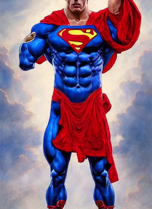 Prompt: portrait of crossfit bodybuilder fitness muscular superman!, futuristic detailed ornate cyberpunk costume!, red and blue costume!!, pale skin!, no logo!!!, painted art by tsuyoshi nagano, greg rutkowski, artgerm, alphonse mucha, spike painting