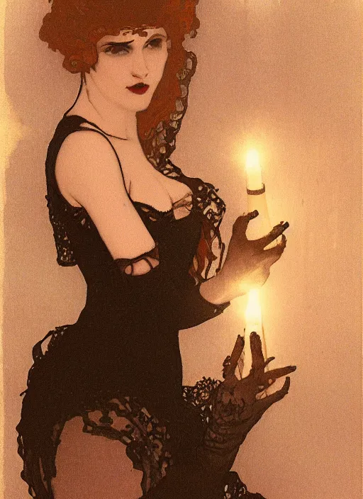 Prompt: a photo of a woman in a dark room wearing lace smoking a cigarette advertisement photography by mucha, punk rock, goth, beauty, candlelight, pagan, extremely coherent, sharp focus, elegant, sharp features, render, octane, detailed, award winning photography, masterpiece, rim lit