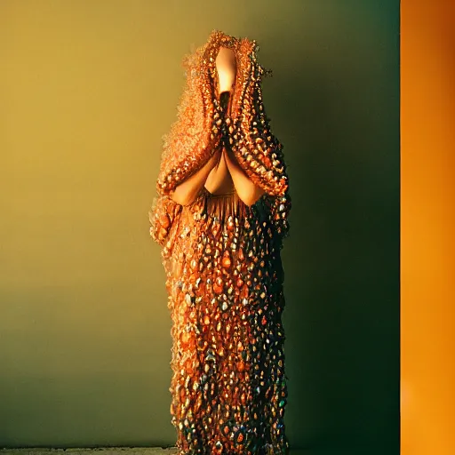 Image similar to Fashion photography of a woman wearing a dress inspired by a jellyfish, artistic photography, insanely detailed, chiaroscuro, cinestill 800t, Vogue magazine