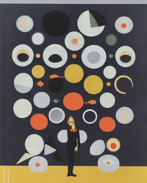 Image similar to Ziggy Stardust era David Bowie at rotating sushi restaurant, plates of sushi, chopsticks and beer, minimalist geometric abstract art in the style of Hilma af Klint