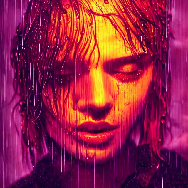 Image similar to bright aesthetic portrait LSD glowing backlit rain on face and wet hair, cyberpunk, overhead lighting, fantasy, intricate, elegant, dramatic lighting, highly detailed, lifelike, photorealistic, digital painting, artstation, illustration, concept art, smooth, sharp focus, art by John Collier and Albert Aublet and Krenz Cushart and Artem Demura and Alphonse Mucha