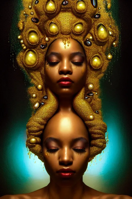 Prompt: hyperrealistic neo rococo cinematic very expressive! black oshun goddess, open eyes, body in water, mirror dripping droplet!, gold flowers, highly detailed face, digital art masterpiece, smooth eric zener cam de leon dramatic pearlescent teal light, ground angle uhd 8 k, sharp focus