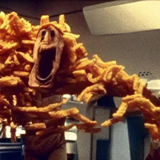 Image similar to Monsters made of French Fries, fighting Star Trek Engineers in the mess, film still from the movie directed by Denis Villeneuve with art direction by Salvador Dalí,