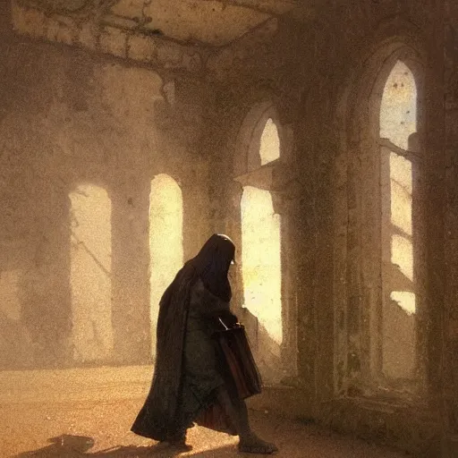 Image similar to half portait of magican wearing a closed cowl and carrying big old book! chained to the wrist, jeremy mann, jean leon gerome, tiepolo, alphonse mucha, greg rutkowski, face in the shadows, ( ( ruins of ancient rome ) ), at dusk, mysterious atmosphere, sunrays, dof, high detailed, 8 k