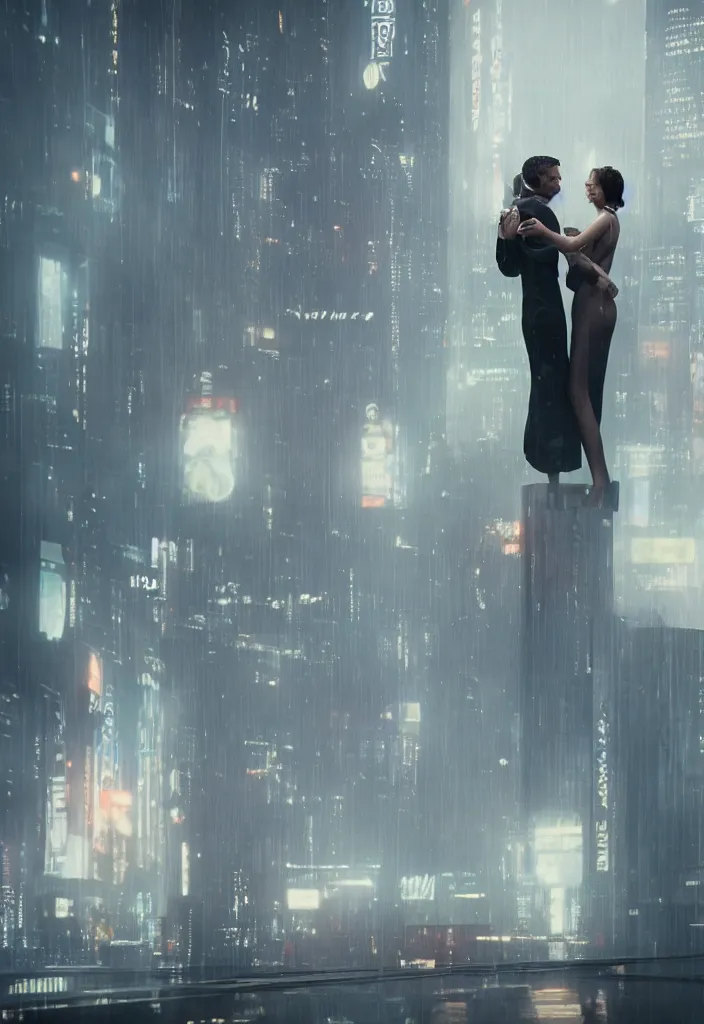 Prompt: she hug her husband that is sitting at his futuristic desk, lovely couple, blade runner style, hyper-realistic, octane render, realistic, real, sad, a couple consoling one another, strong woman, sad men, cinematic, 8k, very intricate, futuristic city behind the window, night