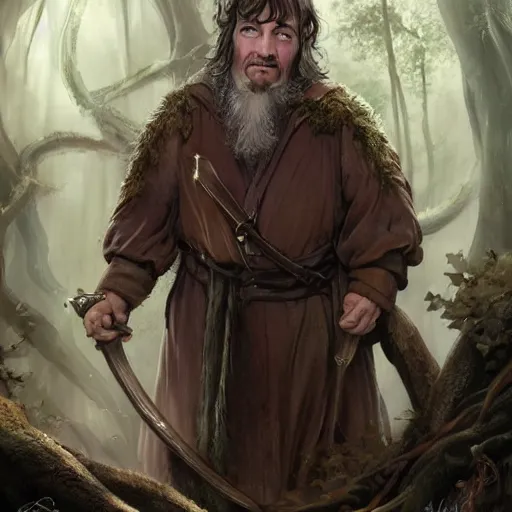 Image similar to A beautiful digital painting of a 30 year old hobbit dressed as a hobbit in the mirkwood forrest holding sting the sword looking at the camera by Stanley Artgerm Lau, frank frazetta, Rossdraws, James Jean, gerald brom, Andrei Riabovitchev, Marc Simonetti, and Sakimichan, trending on artstation, SFW version