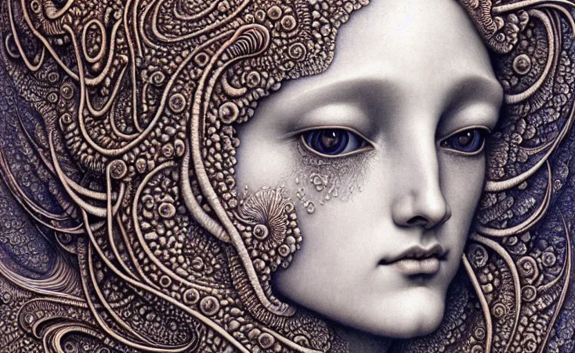 Image similar to detailed realistic beautiful moon goddess face portrait by jean delville, gustave dore, iris van herpen and marco mazzoni, art forms of nature by ernst haeckel, art nouveau, symbolist, visionary, gothic, neo - gothic, pre - raphaelite, fractal lace, intricate alien botanicals, ai biodiversity, surreality, hyperdetailed ultrasharp octane render