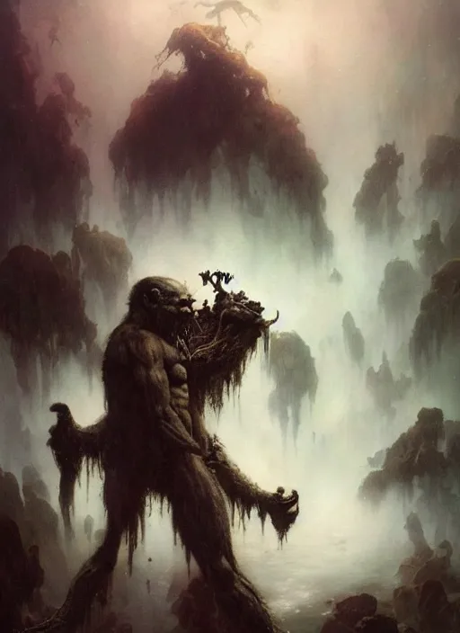 Image similar to shackled in styx river of the underworld, frank frank frazetta and cgsociety, stunning sasquatch, blood splatters, charlie bowater and tom bagshaw, insanely detailed, deviantart, space art, atoms surrounded by skulls, death, and spirits flying, water fall, horror, sci - fi, surrealist painting, by peter mohrbacher