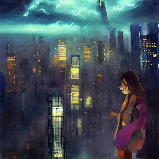 Image similar to “ a girl standing on a ledge looking down at a futuristic new york city below, bright city lights, storm clouds, rain, dramatic lighting, digital art, concept - art by craig mullins ”