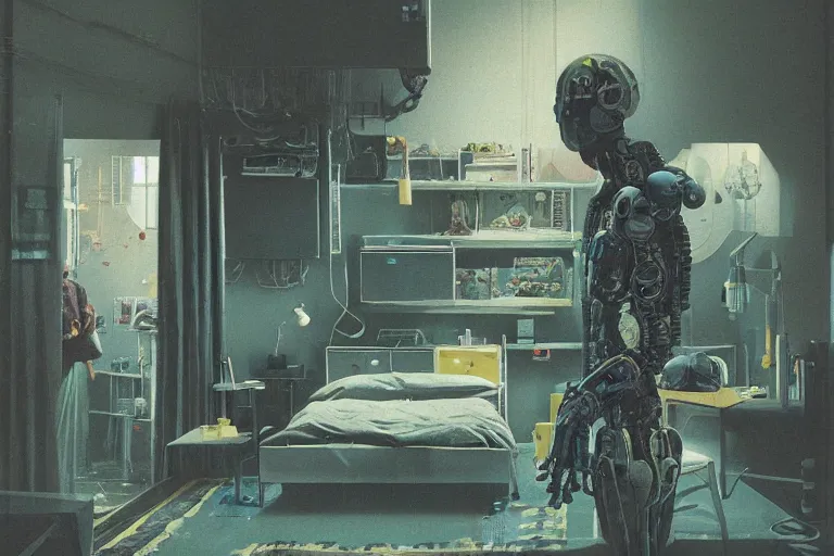 Image similar to IKEA catalogue photo, cyberpunk teenager bedroom, robots, by Beksiński