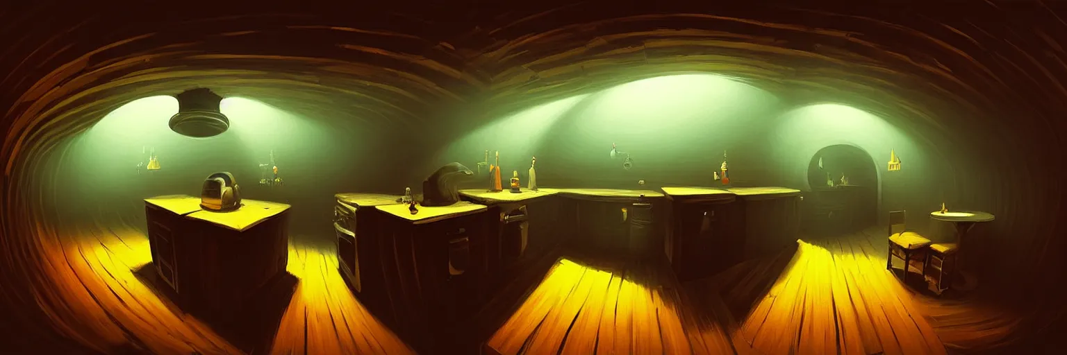 Prompt: volumetric shadows, volumetric lighting, black goya painting of underground, basement, fisheye, curved perspective, naive, extra narrow, wooden kitchen, large floor, tavern by rhads and gaudi