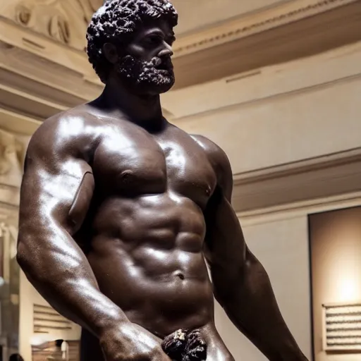 Image similar to statue of Hercules made of chocolate, in a museum, photo, 4k, intricate, detailed, smooth, crisp focus, full body, wide angle