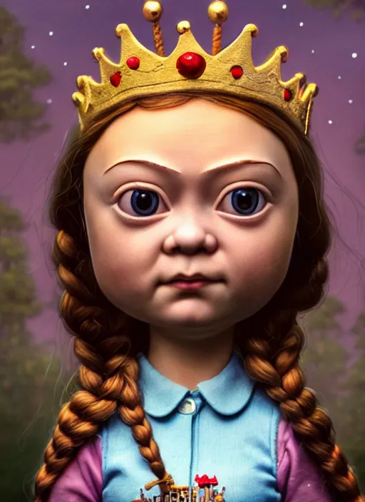 Image similar to highly detailed closeup, face profile portrait of greta thunberg as a tin toy fairytale princess wearing a crown eating cakes, bikini, unreal engine, nicoletta ceccoli, mark ryden, earl norem, lostfish, global illumination, detailed and intricate environment