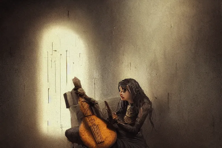 Image similar to an empty brutalist chamber, lonely, somber, a cursed carved wooden lute, oud, guitar designed by brian froud and hr giger leans against the wall alone, abandoned. a thin wisp of smoke rises from the lute. late afternoon lighting cinematic fantasy painting by jessica rossier