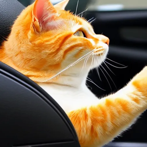 Prompt: an orange tabby cat driving a car like a human