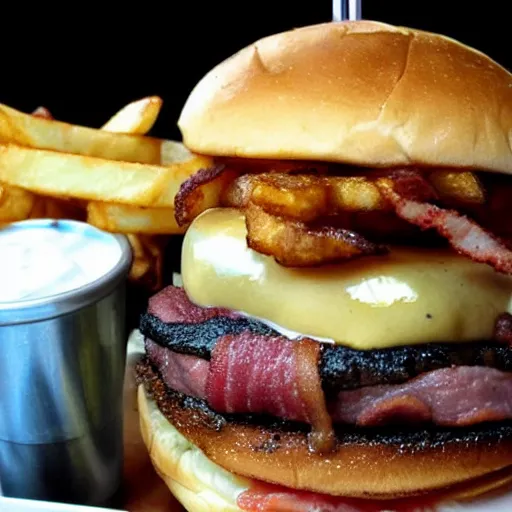 Image similar to big stack burger with bacon and fries