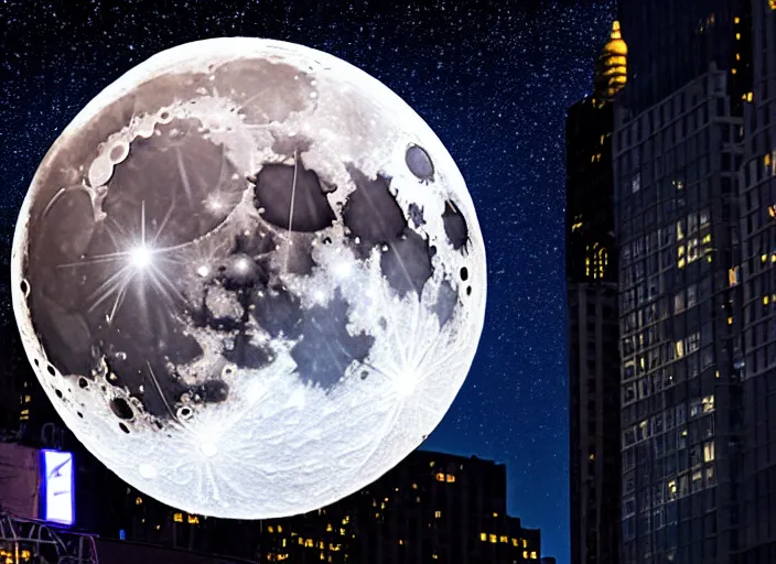 Image similar to film still of the moon shattering into pieces over time square in the new sci - fi movie, 8 k, night time